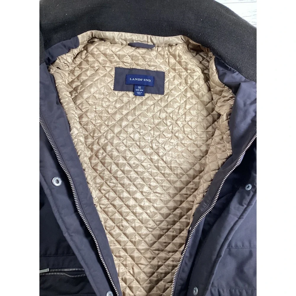 Lands End 1X Womens Dark Brown‎ Quilted Lined Hooded Parka Coat Water Resistant